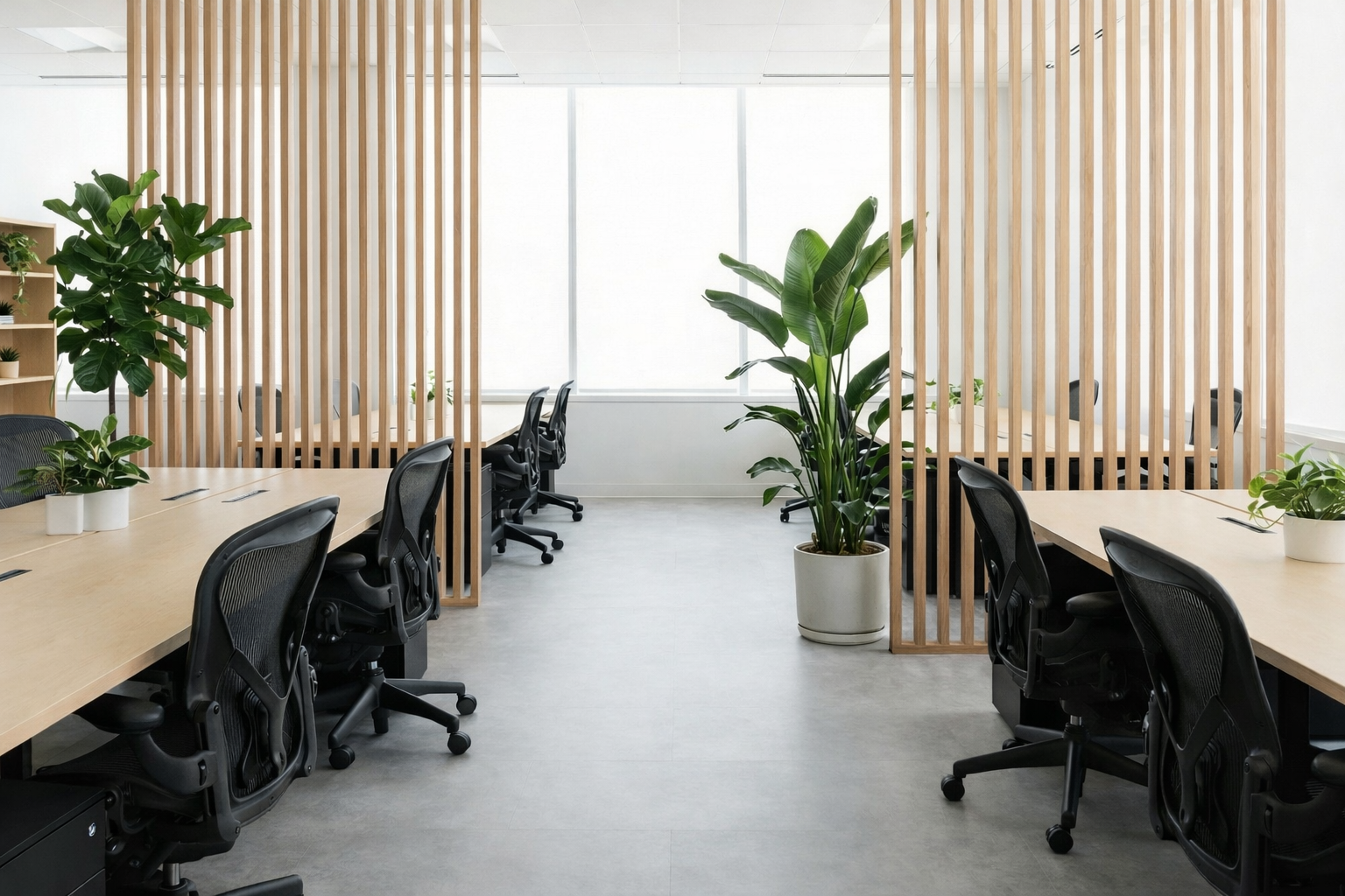 Diseño de oficina open space con madera